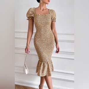 PrettyGarden Beige Floral Puff Sleeve Dress Size M